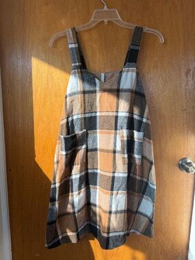Plaid Pinafore Dress in Tan, Black & White